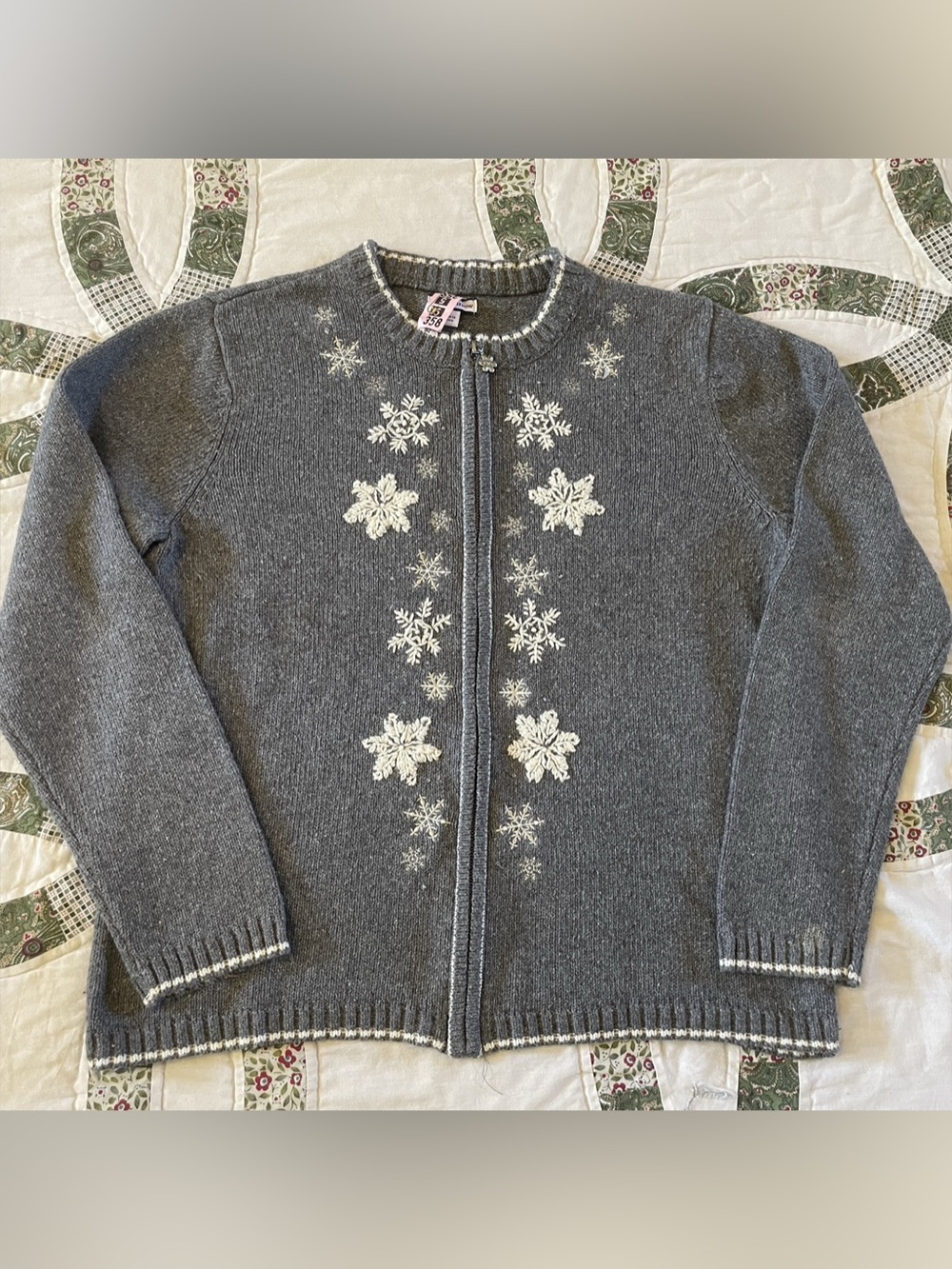 Vintage Croft & Barrow Gray Snowflake Winter Sweater Zip Up Large Ramie Silk